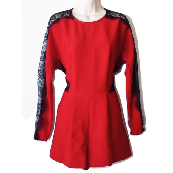 NWOT Topshop Lace Inset Romper Jumpsuit 8 Red Black - Picture 1 of 11